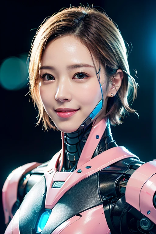 (masterpiece, best quality, extremely detailed, 8k portrait, Japanese cyborg lady, gorgeous face, pink robotics body, beautiful detailed face, detailed eyes, dimpled smile, short hair, feminine feel, android body, cyborg body, robot body, full-body shot, very meticulously, bokeh background, enchanting night sky)