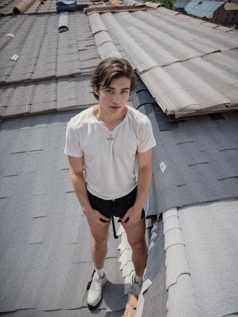 (One Caucasian young man:1.2), short curly hair, full body shoot, (on a roof top:1.5),((filmy grain)), realistic, photorealistic, hyper-realistic, candid pose, slight smile, wearing casual clothes, perfect hands, perfect fingers, perfect limbs,