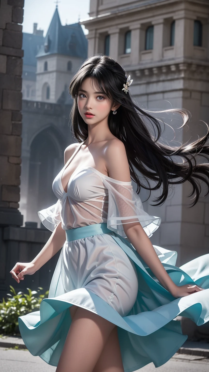 ((Girl standing in front of the wall of an old castle))、Fluorescent color、1 Girl、Look to the side、Beautiful Face、Beautiful Eyes、（Off the shoulder：1.2）、Upper Body、Shiny Hair、Glowing Skin、 Reduce glare、Adjusted finger proportions、escrow、ass pov、Dynamic Angle、(((Master Parts)))、(((Highest quality)))、(((Super-detailed))) detailed）、（An illustration）、（detailedな光）、（Very delicate and beautiful）、dramatic_Shadow、Ray_Tracking、reflection、 Ultra-high resolution、((Colorful and black hair mesh girls))、 Her hair flutters in the wind、(big deep blue eyes)、Black-haired woman、 Sparkling butterfly、Black-haired woman、Points of light around the woman、Magical Aura、Green dot、About Auras Nature、超Magical AuraBlack-haired woman,((Off the shoulderの半透明の白いドレス:1.3))、(Sleeveless)、((My skirt is flying up in the wind)),((An old European castle looms in the distance)),((White panties are visible)),Double whirlwind pattern design clothing，Heterochromatic pupil，Silver Haired Girl，Free high resolution,Off the shoulder、Off the shoulderの半透明純白ドレス