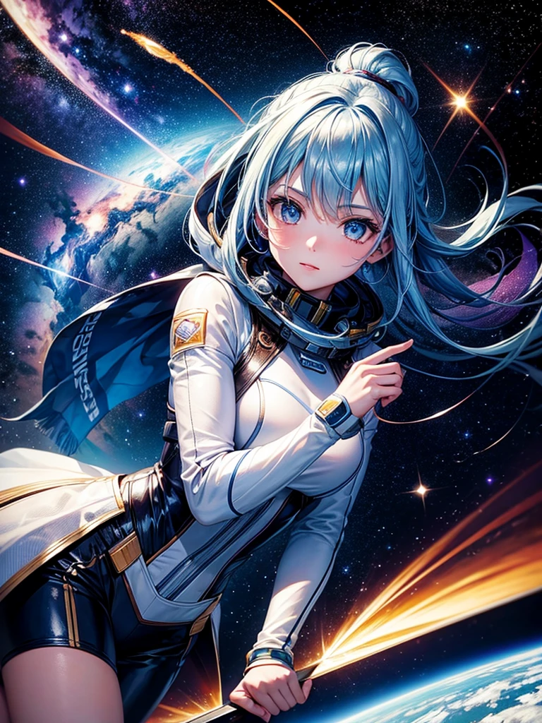 Highest quality,Highest Resolution,A beautiful girl from the future flying in space,Earth in the background,Milky Way,