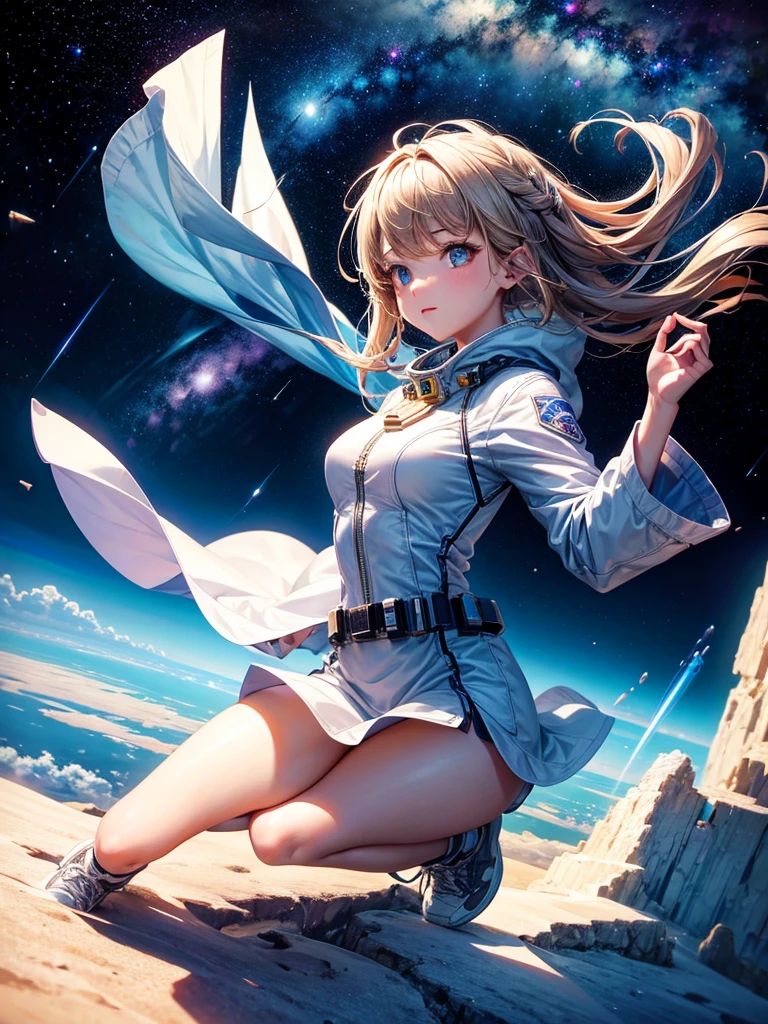 Highest quality,Highest Resolution,A beautiful girl from the future flying in space,Earth in the background,Milky Way,
