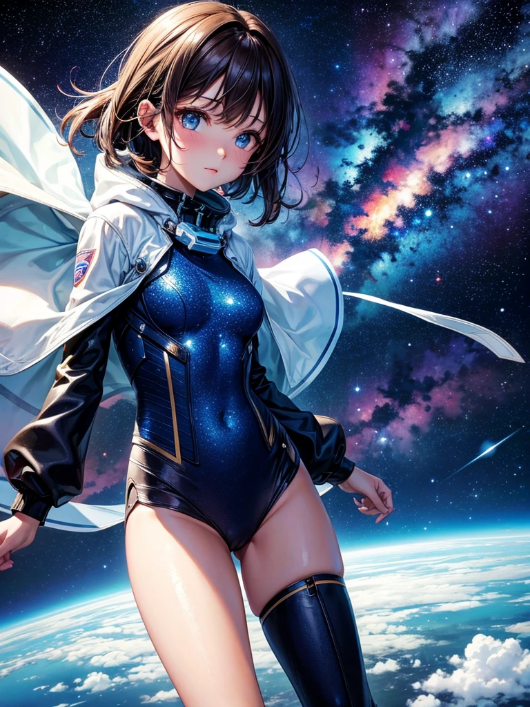 Highest quality,Highest Resolution,A beautiful girl from the future flying in space,Earth in the background,Milky Way,