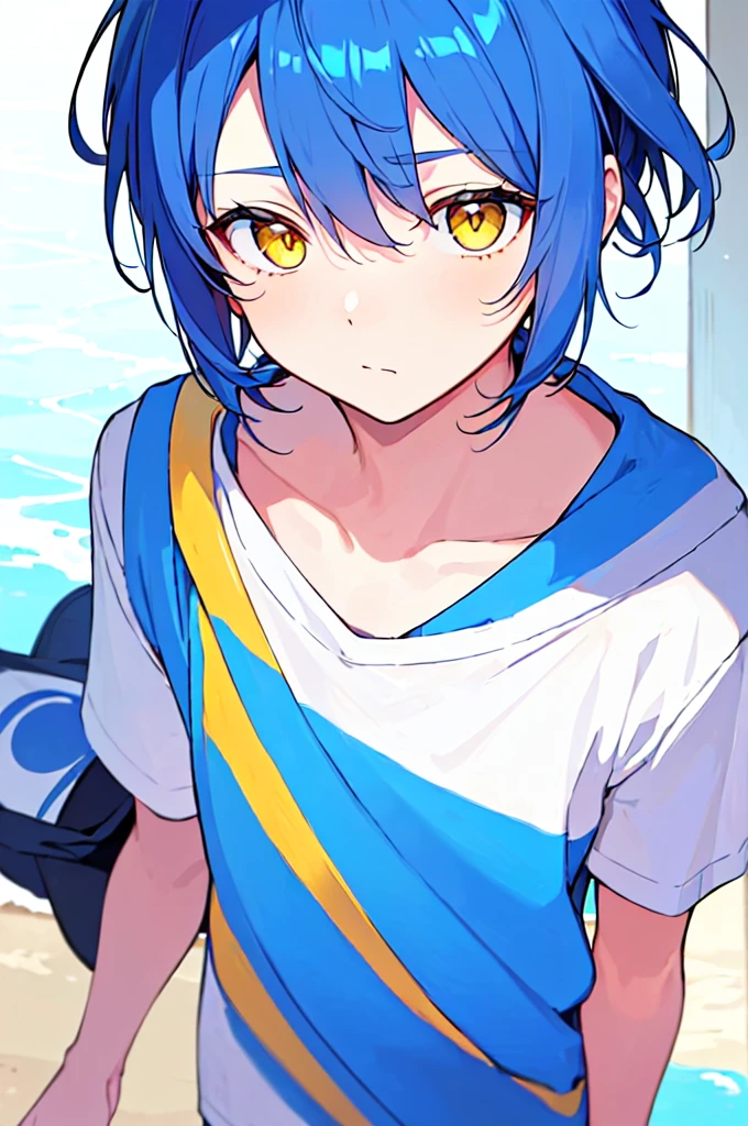 [(WHITE BACKGROUND:1.5),::5], ((((masterpiece)))), high quality, very_high_resolution, large_filesize, upper body, full color, ((Solo)), ((little boy)), 13 old year, men's short deepblue hair, vivid color, ((yellow eye)), Summer clothes white, animestyle,