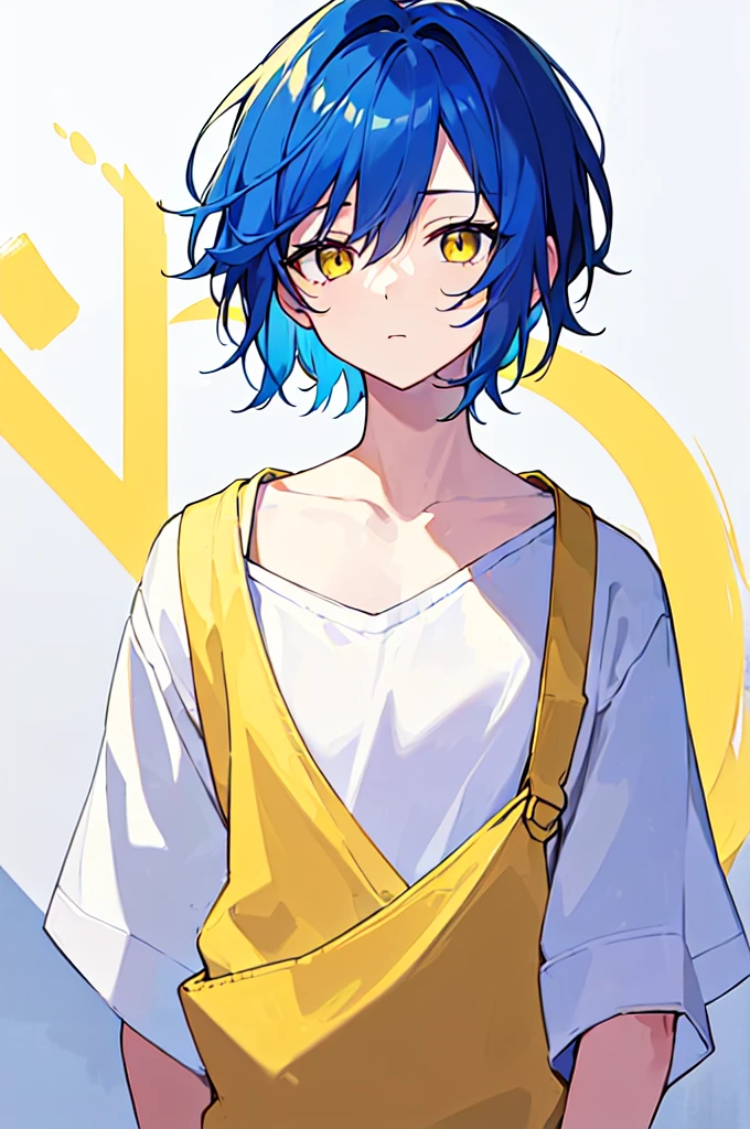 [(WHITE BACKGROUND:1.5),::5], ((((masterpiece)))), high quality, very_high_resolution, large_filesize, upper body, full color, ((Solo)), ((little boy)), 13 old year, men's short deepblue hair, vivid color, ((yellow eye)), Summer clothes white, animestyle,