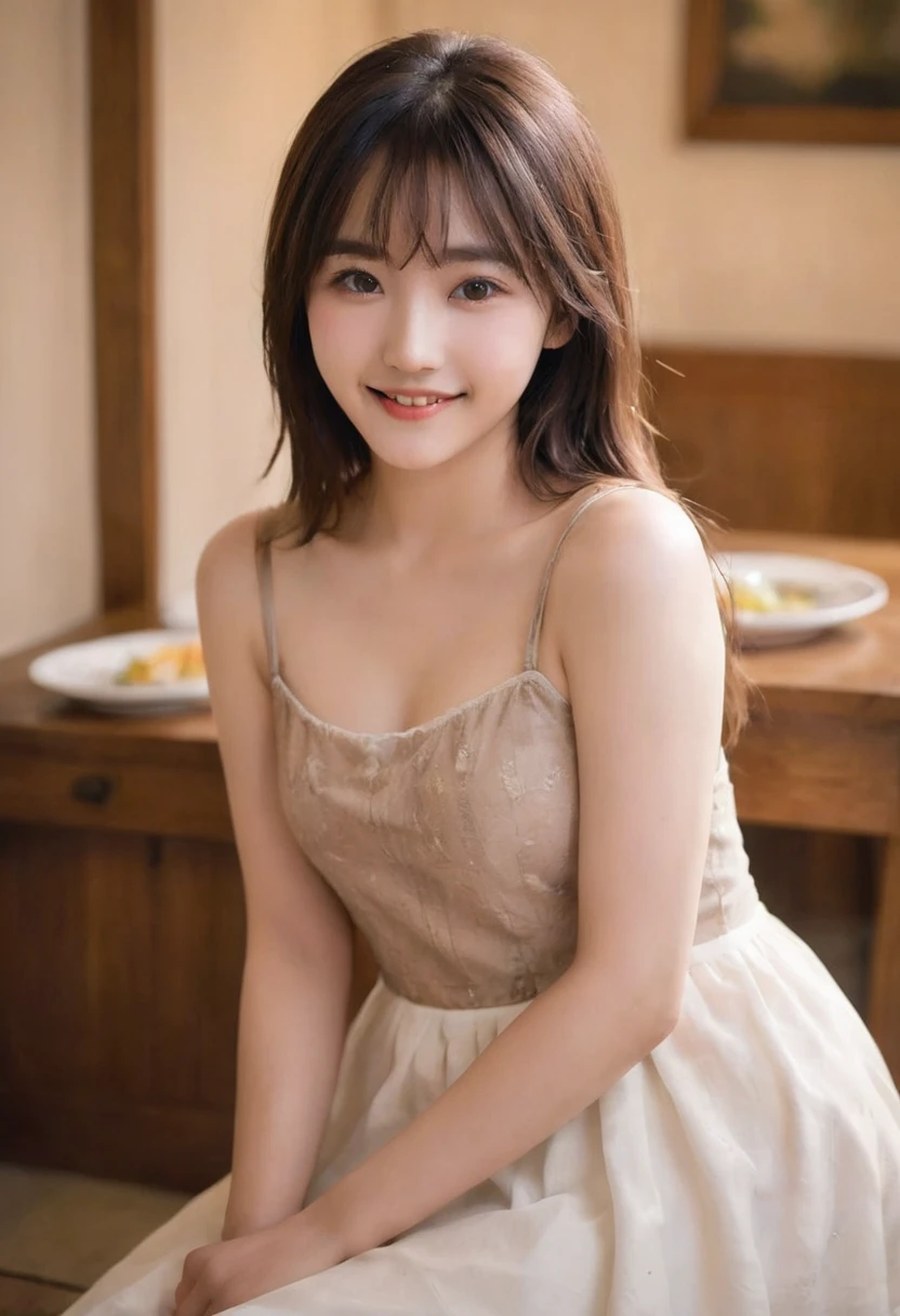 (Highest quality,8K quality,masterpiece:1.3),(Ultra-high resolution,Realistic:1.4,Live Shooting),(Very detailed,Caustics),(Ultra-Realistic Capture,(((dinner))),Beautiful and detailed skin),19 years old,Beautiful Japanese, Medium Hair, Asymmetrical bangs, Brown Hair, I'm looking at the camera with a smile on my face,Soft Light,A ray of light shining from above,Natural light，((Summer Dresses))，(((One female))),Night view,French cuisine