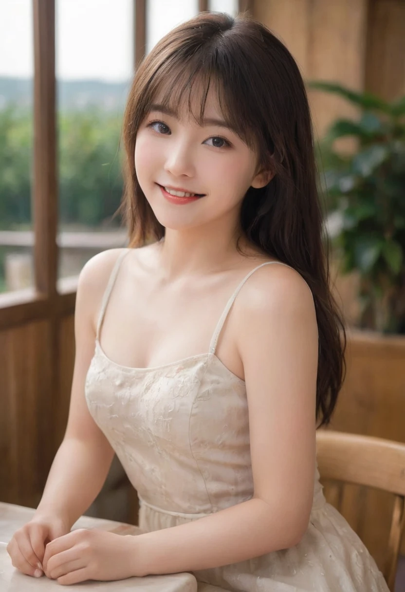 (Highest quality,8K quality,masterpiece:1.3),(Ultra-high resolution,Realistic:1.4,Live Shooting),(Very detailed,Caustics),(Ultra-Realistic Capture,(((dinner))),Beautiful and detailed skin),19 years old,Beautiful Japanese, Medium Hair, Asymmetrical bangs, Brown Hair, I'm looking at the camera with a smile on my face,Soft Light,A ray of light shining from above,Natural light，((Summer Dresses))，(((One female))),Night view,French cuisine