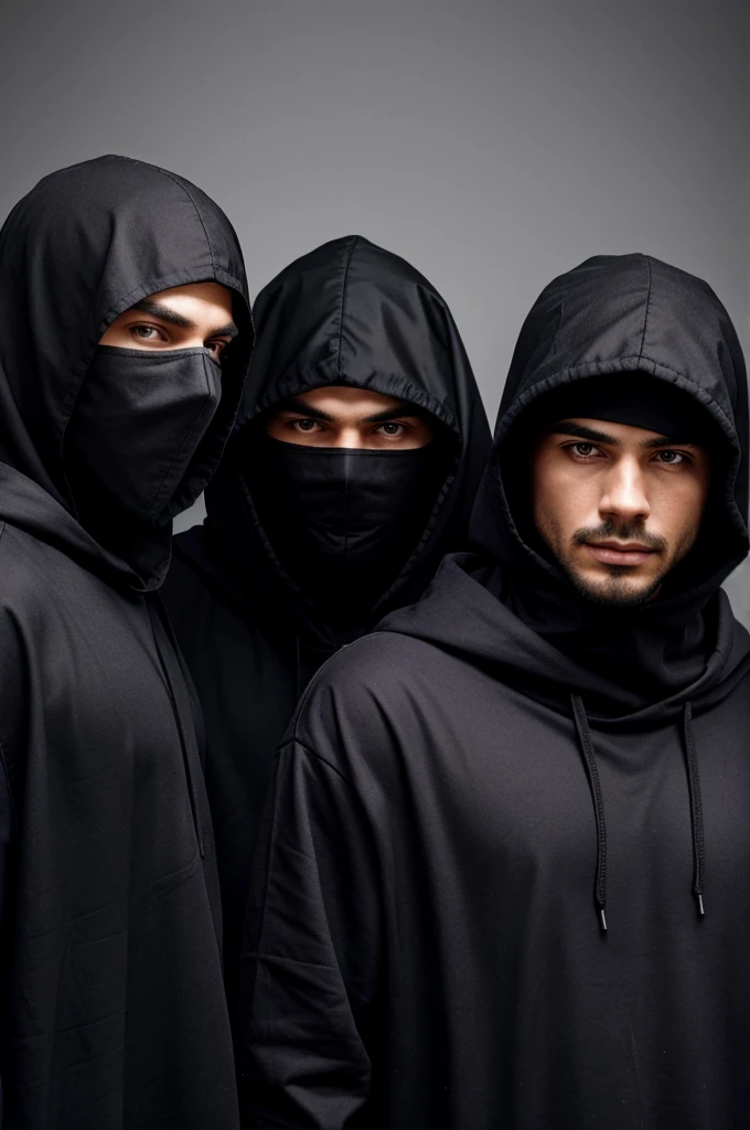 3 men wearing a black hood looking very mysterious. The background should be a plain purple colour fading out in black