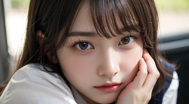 (Long Hair, bangs:1.2),(Wearing school uniform:1.2),1 girl,Japanese,21 years old,(Small breasts:1.3),(Highest quality,masterpiece:1.3,超A high resolution,),(Ultra-detailed,Caustics),(Photorealistic:1.4,RAW shooting,)Ultra-Realistic Capture,Very detailed,High resolution 16K human skin close-up。 Natural skin texture、,Pores、、It needs to be detailed enough to be easily identifiable。 Skin should be even-toned and healthy looking。 Use natural light and colour, Sad expression, Looking at the camera, Perfect dynamic composition, Outdoor