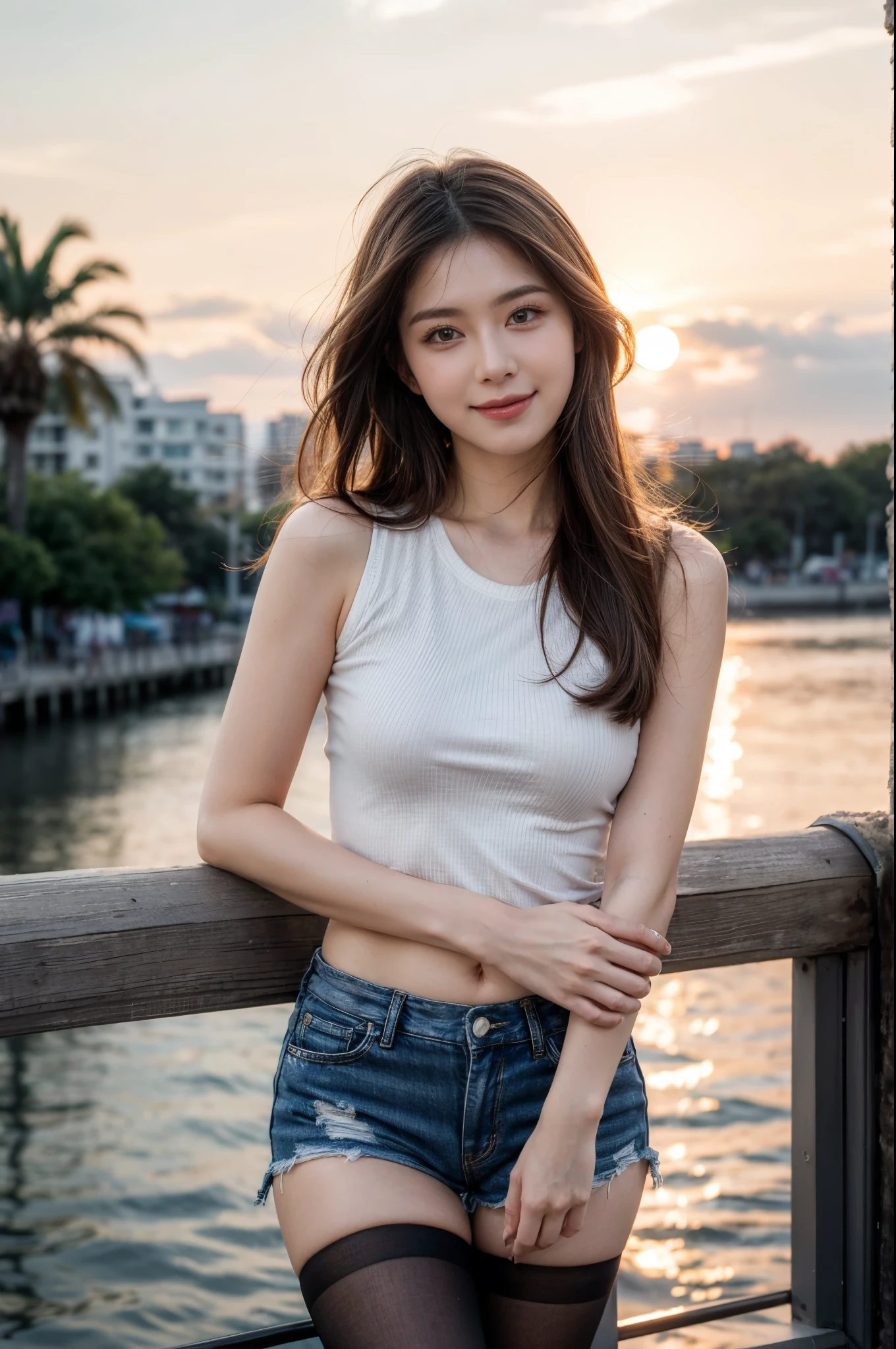 ulzzang-6500-v1.1, (RAW Photos:1.2), (Photorealistic), Beautiful detailed girl, (Genuine: 1.4), (masterpiece), 1 Girl, Photo Model, smile, Focus on the audience, Beautiful lighting, Highest quality, masterpiece, Ultra-high resolution, Realistic, Black Hair, Short tank top, Shorts, Ultra-realistic pantyhose、super Realistic stockings, Medium chest, White skin,( Sunset background:1.4), Walking、Full Body Shot:1.2