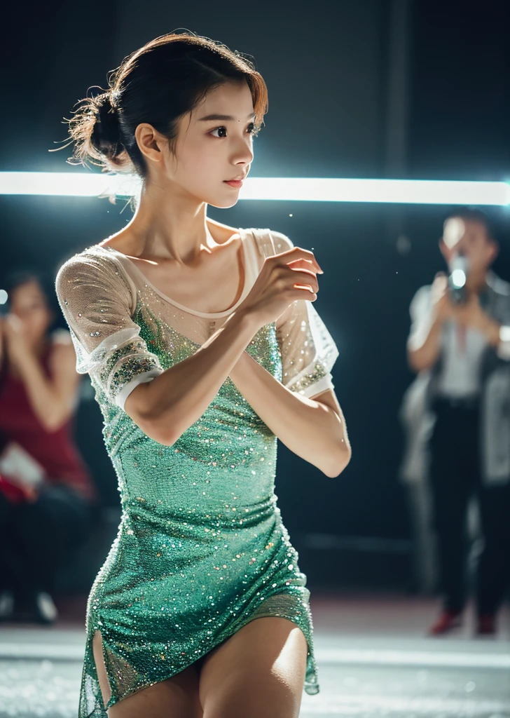 (Realistic, photo-Realistic:1.37),(8K, RAW Photos, Highest quality, masterpiece:1.2), cute, Ultra-detailed, 超High resolution, Kodak Vision Color, Filmed with an Arricam LT camera,Highest quality, Lively, 8K, High resolution, 1 girl, Escape, (Professional Lighting), (Portraiture:0.6), Brown Hair,21 years old、slender、Japanese、masterpiece, beautiful, elegant、(((masterpiece))), (((Highest quality))), (((Knee Ride))), ((グランドアイスskate展で踊る)),skateリンクに立って、アイスskate、indoor、On ice、 A lace cheongsam decorated with green glitter, See-through sleeves, Cinematic Light, Countless crowds, Wind, night, alone, High neck, clavicle, Sweat, ribbon, Open your mouth, shy, blush, Slim figure, skate,フィギュアskate、