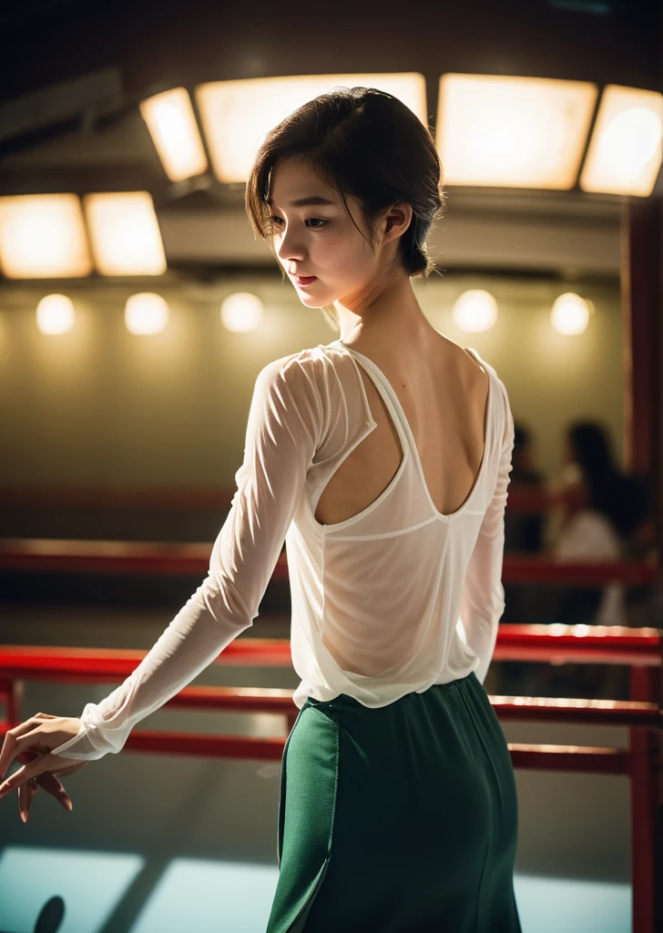 (Realistic, photo-Realistic:1.37),(8K, RAW Photos, Highest quality, masterpiece:1.2), cute, Ultra-detailed, 超High resolution, Kodak Vision Color, Filmed with an Arricam LT camera,Highest quality, Lively, 8K, High resolution, 1 girl, Escape, (Professional Lighting), (Portraiture:0.6), Brown Hair,21 years old、slender、Japanese、masterpiece, beautiful, elegant、(((masterpiece))), (((Highest quality))), (((Knee Ride))), ((グランドアイスskate展で踊る)),skateリンクに立って、アイスskate、indoor、On ice、 A lace cheongsam decorated with green glitter, See-through sleeves, Cinematic Light, Countless crowds, Wind, night, alone, High neck, clavicle, Sweat, ribbon, Open your mouth, shy, blush, Slim figure, skate,フィギュアskate、