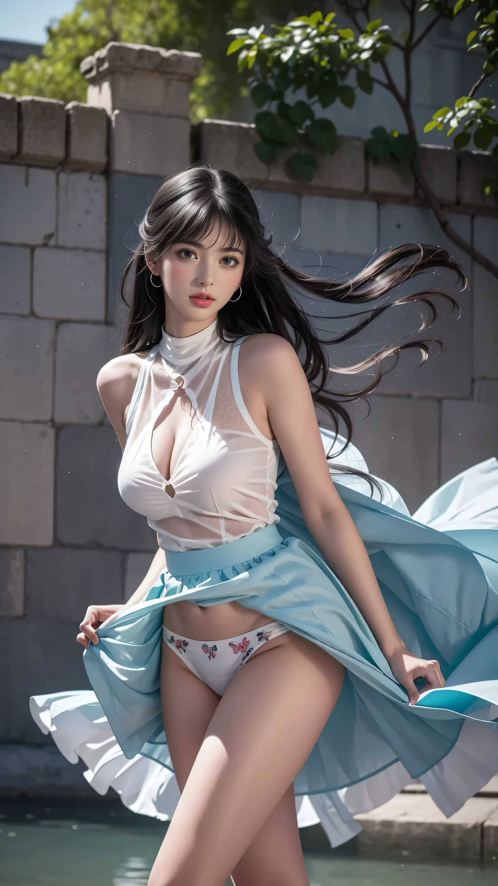 ((Girl standing in front of the wall of an old castle))、Fluorescent color、1 Girl、Look to the side、Beautiful Face、Beautiful Eyes、(Off the shoulder:1.2)、Upper Body、Shiny Hair、Glowing Skin、 Reduce glare、Adjusted finger proportions、escrow、ass pov、Dynamic Angle、(((Master Parts)))、(((Highest quality)))、(((Super-detailed))) detailed)、(An illustration)、(Detailed light)、(Very delicate and beautiful)、dramatic_Shadow、Ray_Tracking、reflection、 Ultra-high resolution、((Colorful and black hair mesh girls))、 Her hair flutters in the wind、(big deep blue eyes)、Black-haired woman、 Sparkling butterfly、Black-haired woman、Points of light around the woman、Magical Aura、Green dot、About Auras Nature、超Magical AuraBlack-haired woman,((Off the shoulder semi-transparent white dress:1.3))、(Sleeveless)、((My skirt is flying up in the wind)),((An old European castle looms in the distance)),((White panties are visible)),