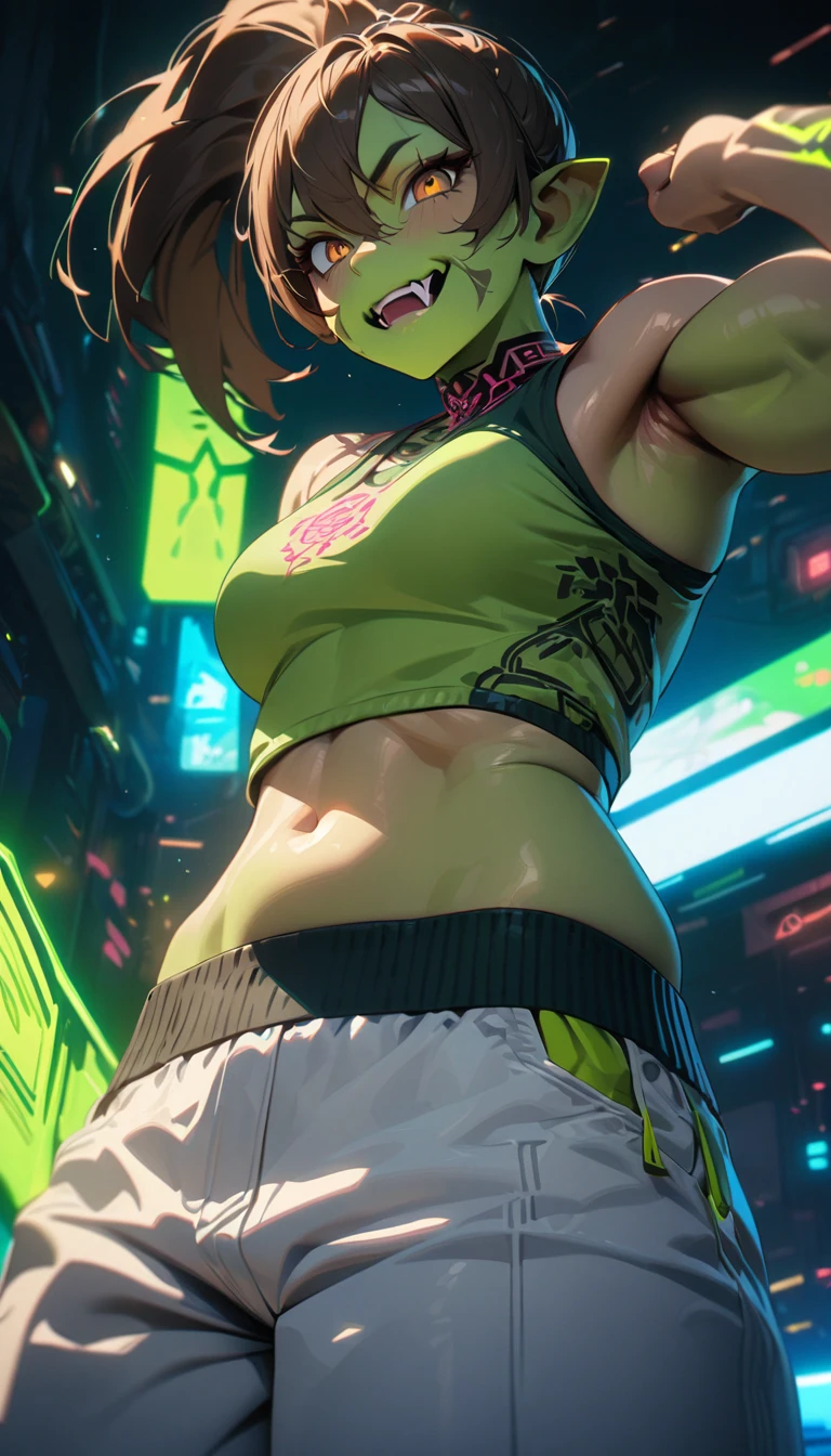Adult girl, short brown hair, high ponytail, brown eyes, muscles, ritual tattoo, green cyberpunk tank top, open belly, white pants, glowes, orc girl, orc fangs, Masterpiece, best quality, Full HD, 8k, ultra details, great graphic
