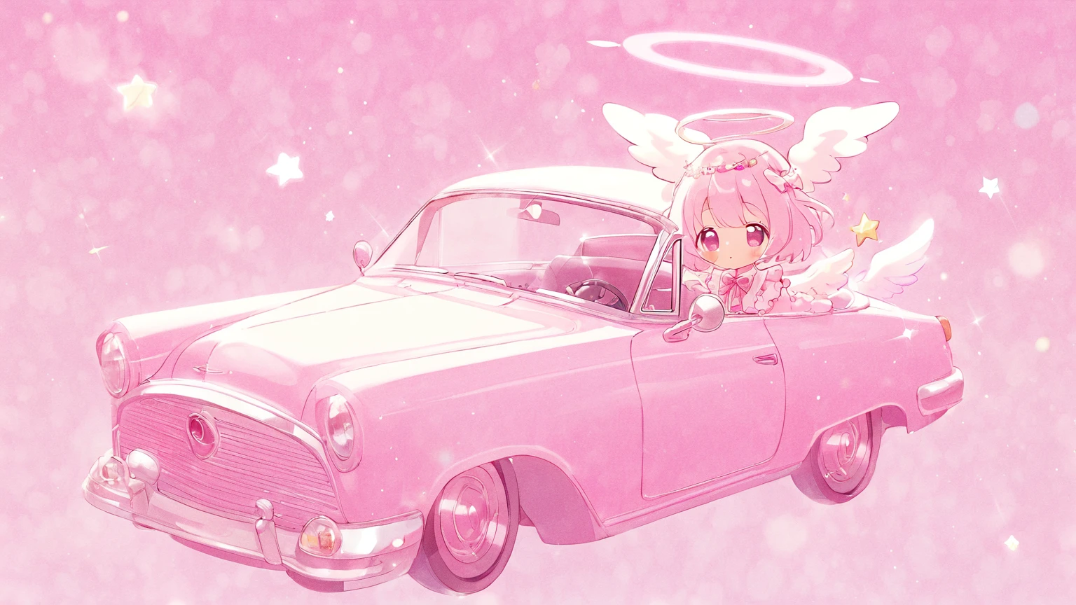 kawaii, pastel pink vintage car, little white chibi angel wings, glitter, no humans