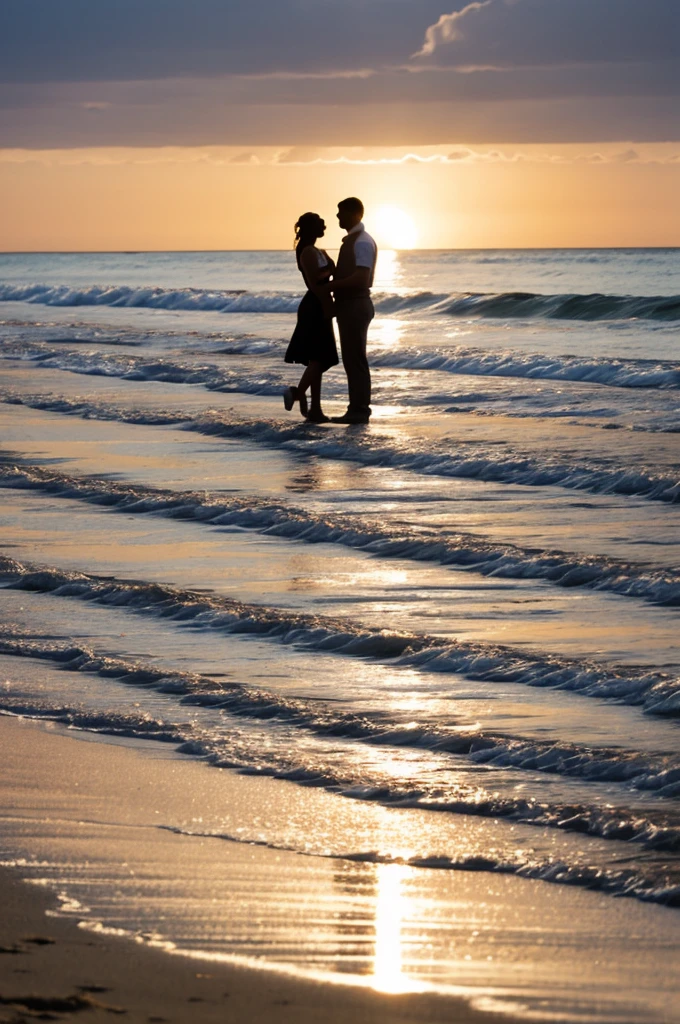 Distant silhouette of a couple on the beach
