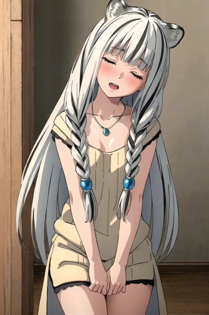 ((masterpiece)), (best quality), (ultra-detailed), photorealistic, (best illustration), ((an extremely delicate and beautiful)), 1girl, solo, long hair, tiger ears, white hair, two-tone hair, facing viewer, sweater, ribbed sweater, barefoot, one leg standing, split, holding one leg, closed eyes, short sleeves, indoors, low twin braids, twin braids, hair ornament, blush, head tilt, drinks, bar, upper teeth, flat chest, young, aged down, happy, collarbone, necklace, drunk