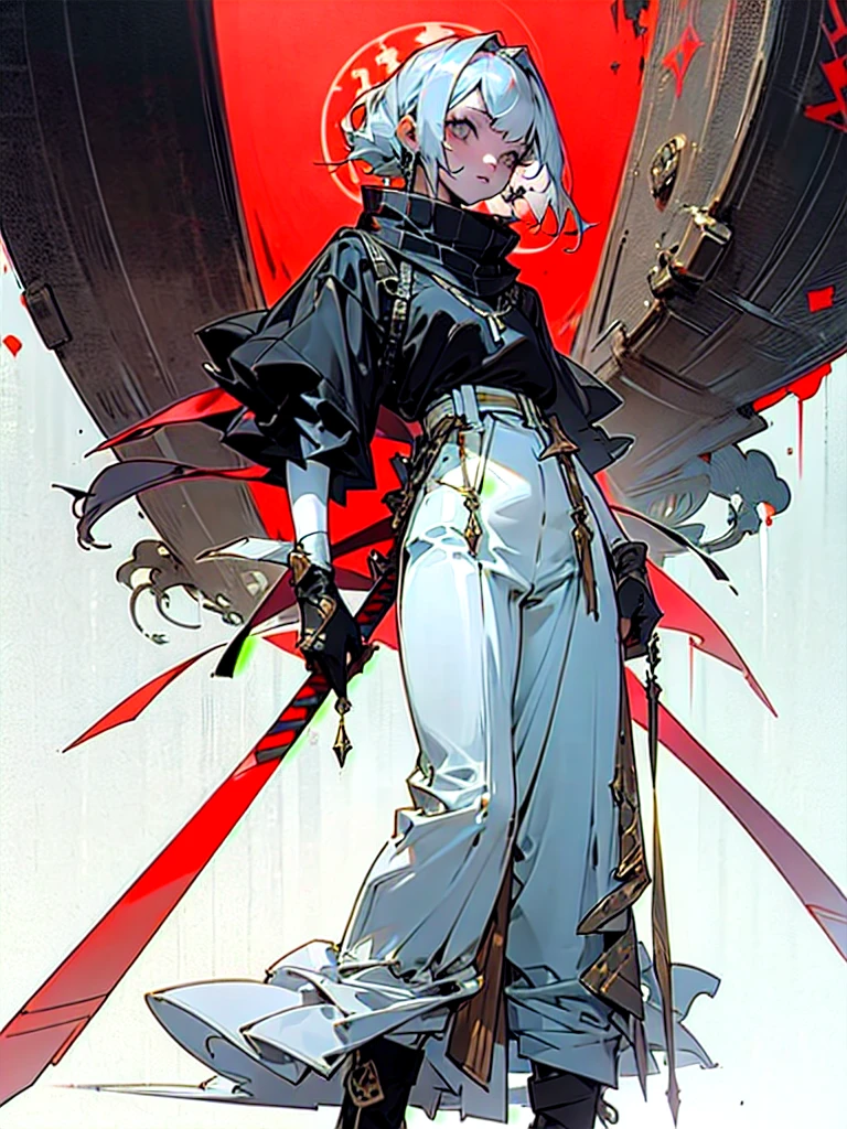 (Absurd, High resolution, Super detailed), masterpiece, Highest quality, 1 person, Red bright red costume, Holding a sword, Silver Hair, Short sleeve shirt, scarf, From below, Girls Shots,1 personの女の子, Standing pose, whole body, compensate, mascara, Soft lips、Or colored, clean, Sharp Project, Fluid silhouette, Geometric, Elegant and luxurious materials and design, Minimal accessories, Silver or gold necklaces and thin rings, Differentiated Design, High Quality Materials, Fresh, High Fashion,