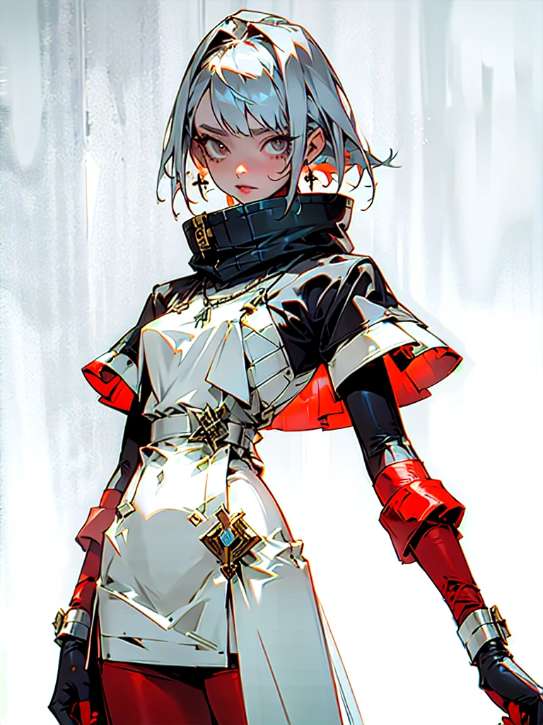 (Absurd, High resolution, Super detailed), masterpiece, Highest quality, 1 person, Red bright red costume, Holding a sword, Silver Hair, Short sleeve shirt, scarf, From below, Girls Shots,1 personの女の子, Standing pose, whole body, compensate, mascara, Soft lips、Or colored, clean, Sharp Project, Fluid silhouette, Geometric, Elegant and luxurious materials and design, Minimal accessories, Silver or gold necklaces and thin rings, Differentiated Design, High Quality Materials, Fresh, High Fashion,