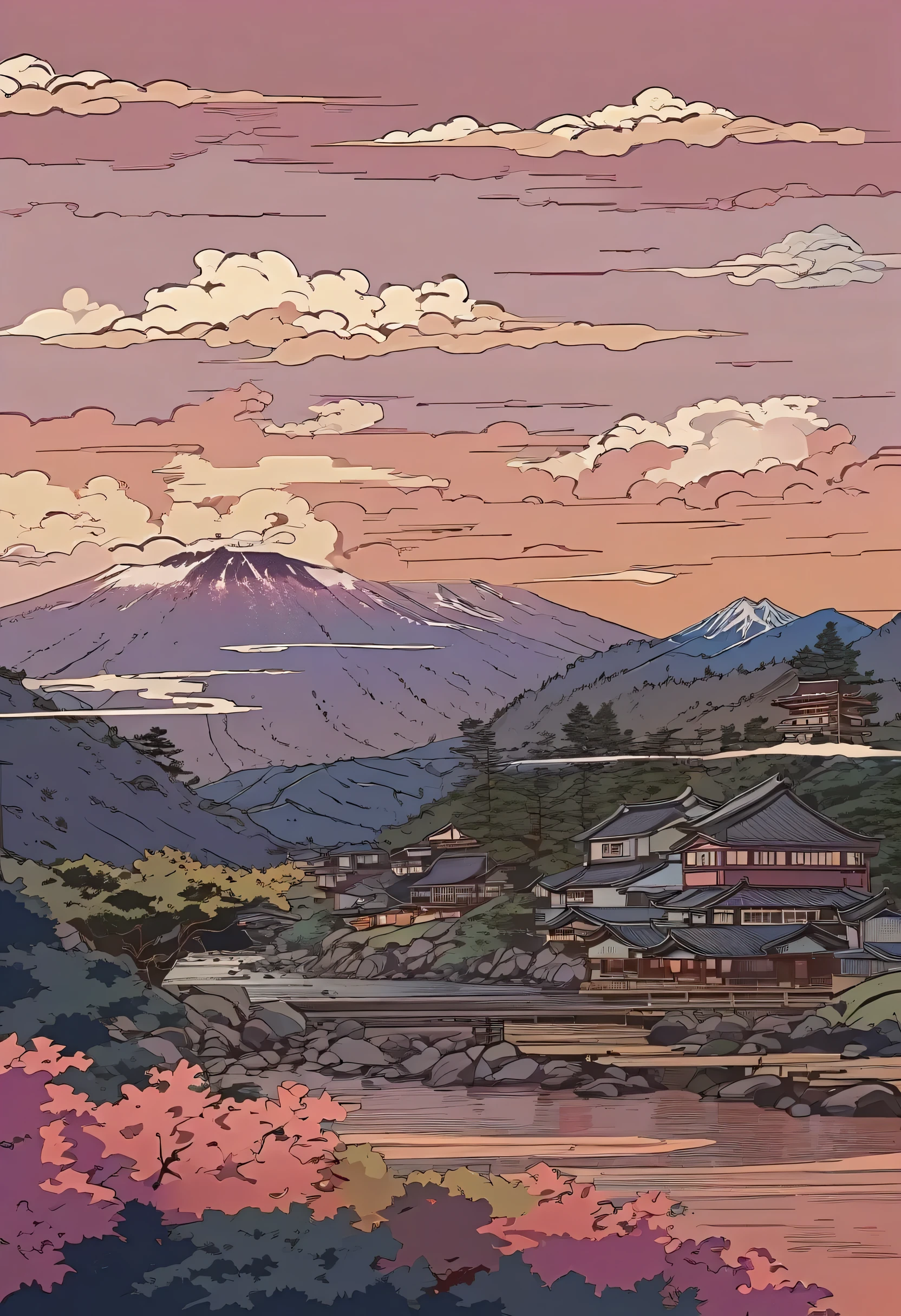 illustration of a mountain town with a river and a mountain in the background, in the art style of ukiyo - e, inspired by Yoshida Hanbei, inspired by Kawase Hasui, detailed scenery —width 672, inspired by Hasui Kawase, kilian eng vibrant colours, detailed digital illustration, inspired by Tōshi Yoshida