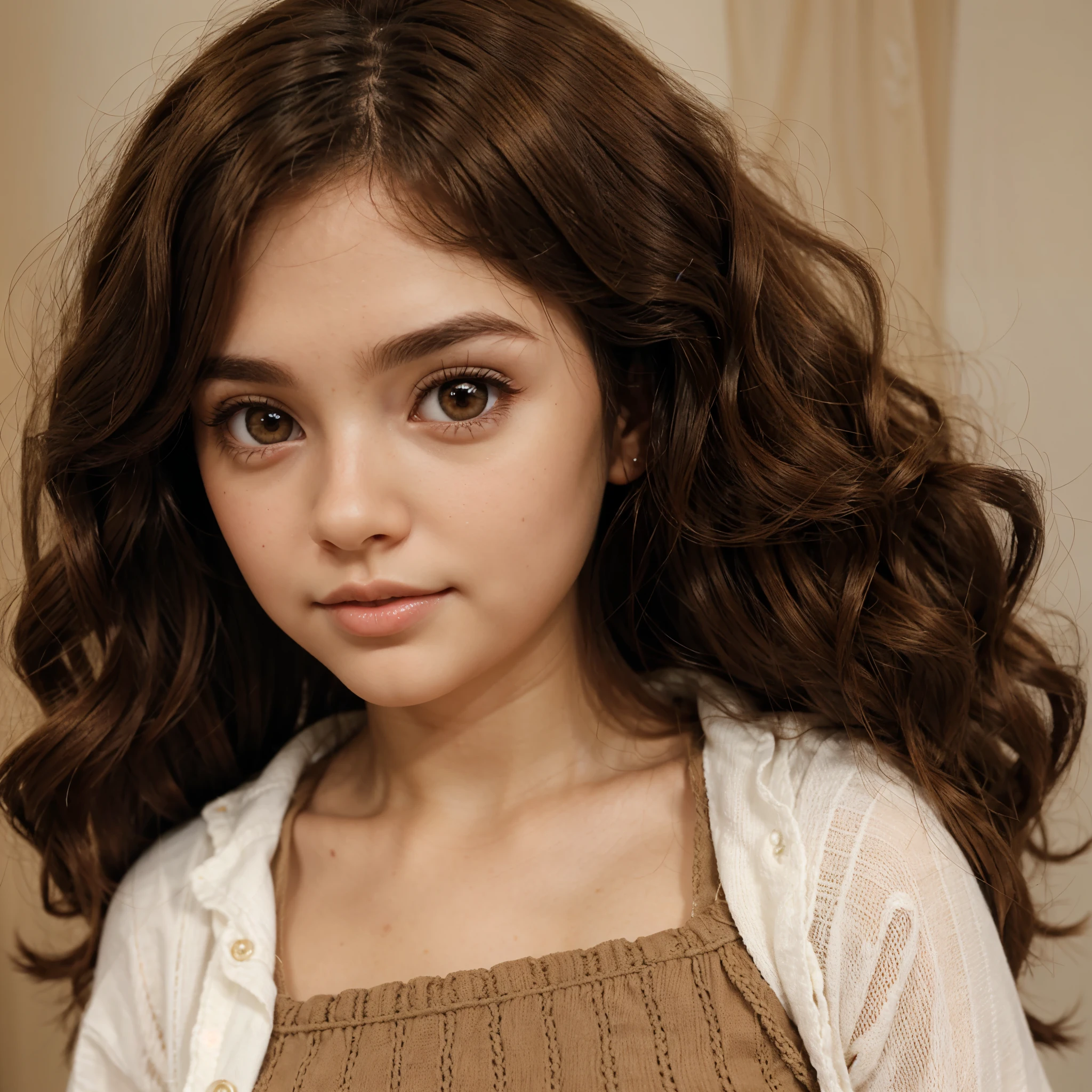 blythe doll with 3b brown curly hair, brown eyes, fair skin with warm undertones, coqutte outfit