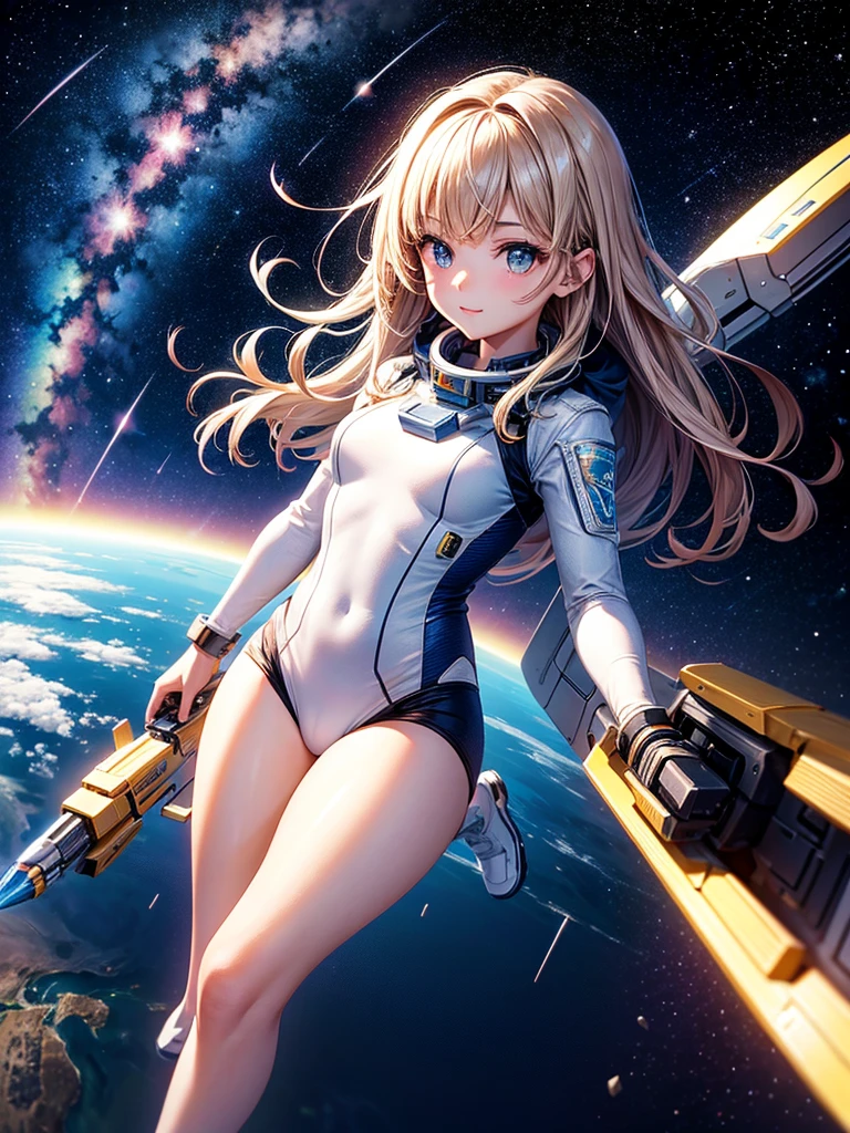 Highest quality,Highest Resolution,A beautiful girl from the future flying in space,Earth in the background,Milky Way,