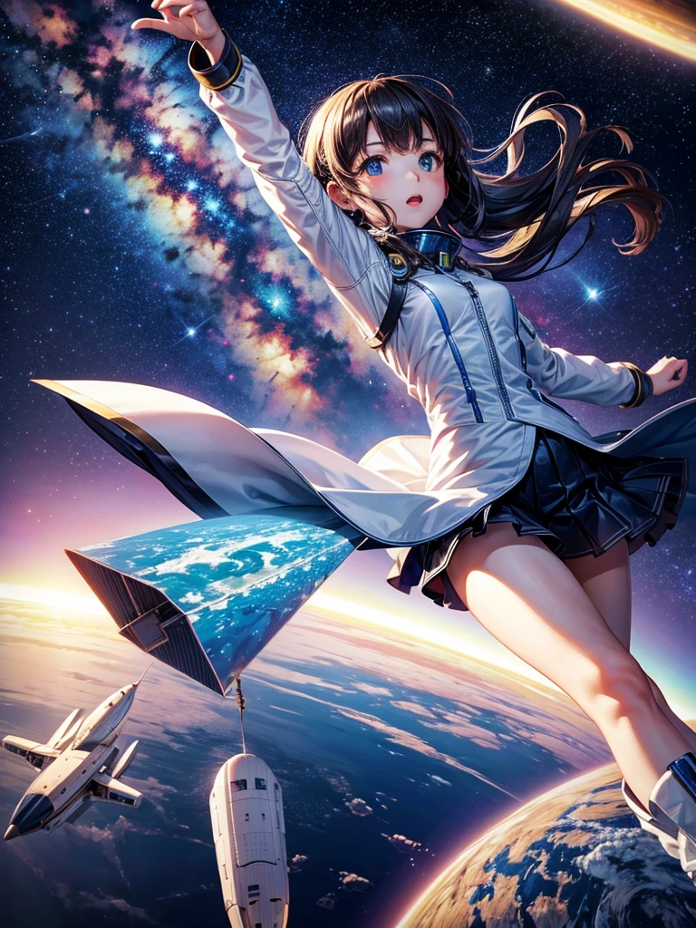 Highest quality,Highest Resolution,A beautiful girl from the future flying in space,Earth in the background,Milky Way,