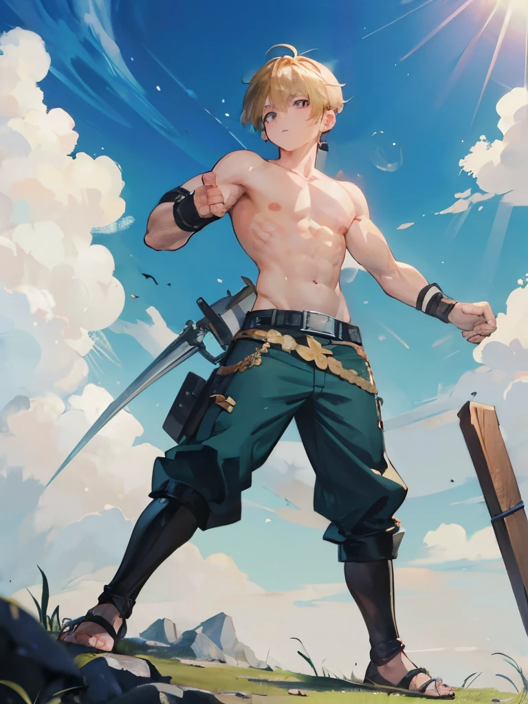 Wool of kagamina(/vocaloid/), by rubio, Blue eyes, manly face, SMILE, shirtless, Delgado, fit, ABS, Closed mouth, outdoor, sky, day, panties, cloud, sunny, pants, (Horse tail:0) naked showing his penis, normal size, gay nude