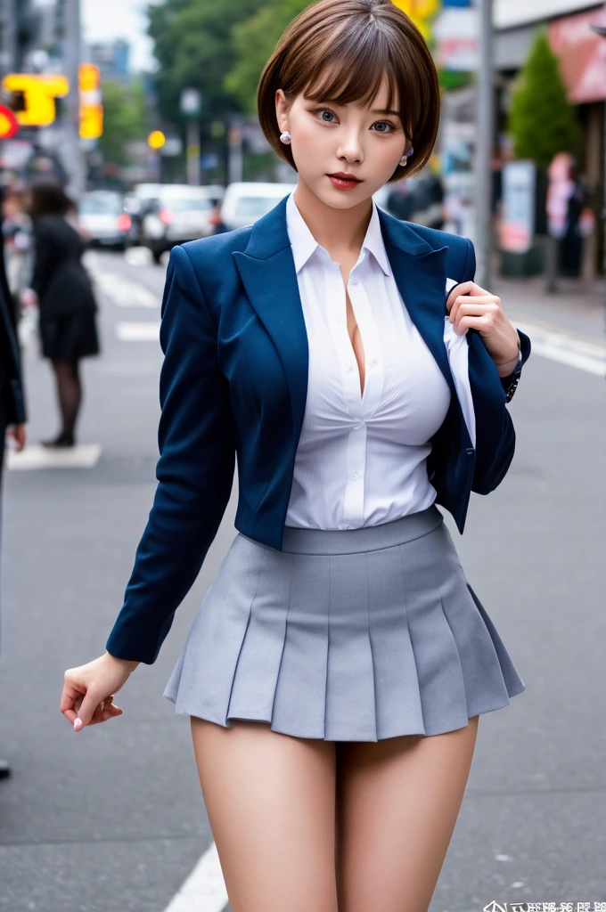perfect body proportions of a 23 year old female, a face of the most beautiful actress in the world, the short hair cut above the ears for a female, blazer covering formal shirt is tight thanks to large breasts, panties between bare legs are seen just a little thanks to skirt is too short, bare thighs, the outfit is covering whole upper body, at the city street, standing, nsfw, best quality, highly detailed, masterpiece, ultra high res, photo realistic, 8k