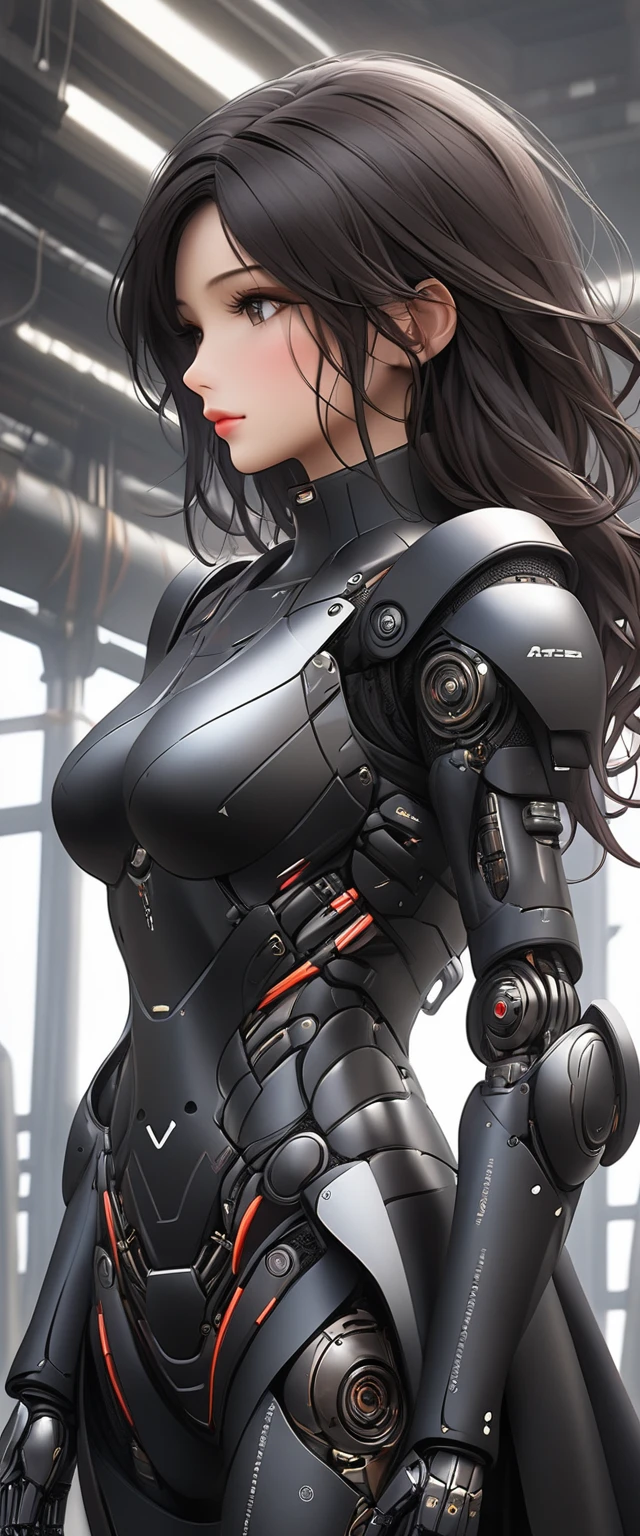 Tall beautiful woman with dark hair wearing highly realistic and detailed robotic armor