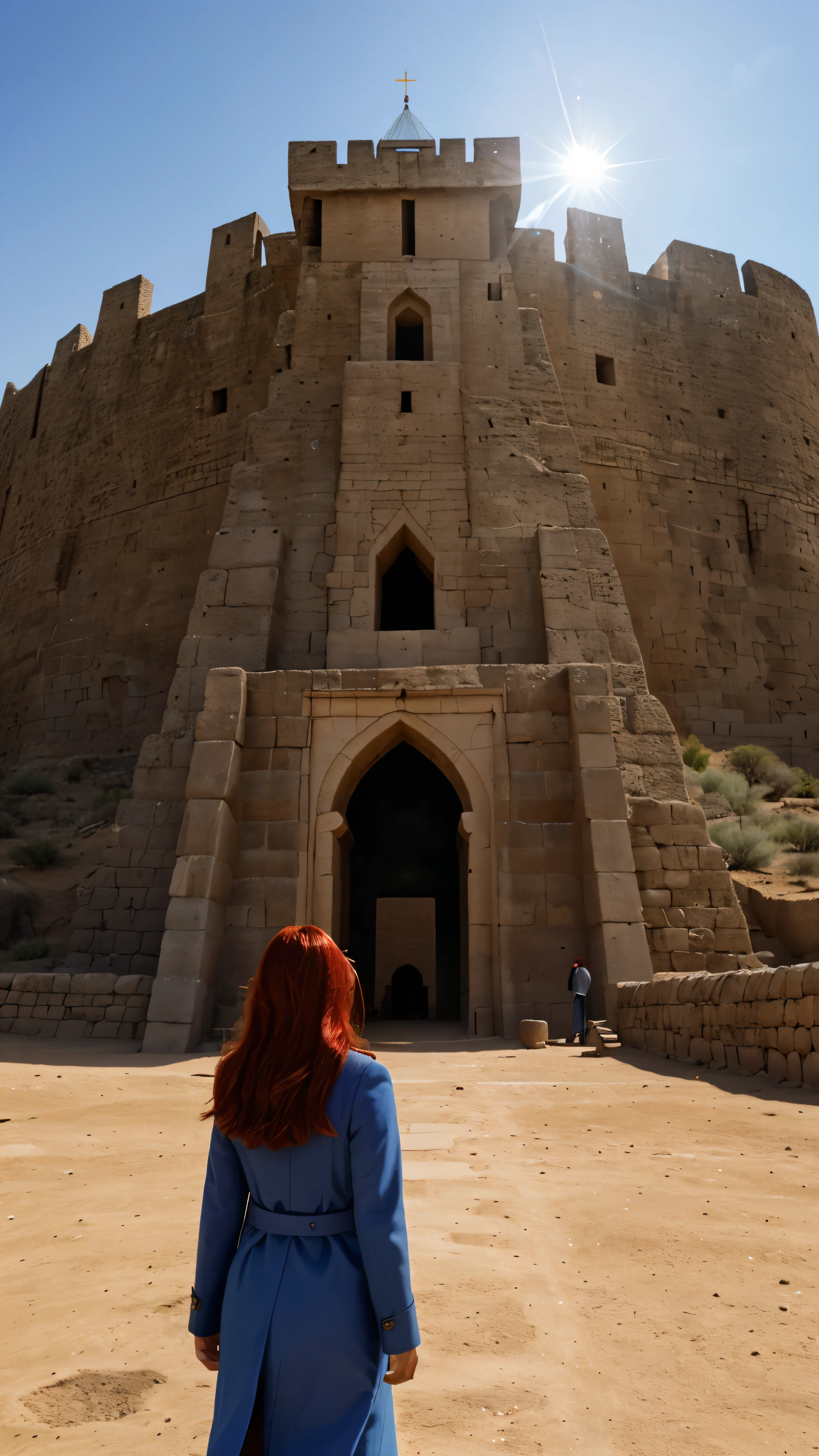 High-definition imageastepiece、ピラミッドのHigh-definition imagesで，、(Located in a remote desert area、A huge military pyramidal fortress made of carved stone))、Pale blue sky、Light of the sun、nature、(Mountain Range)、No saturation、(A girl in a dark blue coat standing in the distance and walking towards the castle)、medium length red hair、Egypt、(A dark dragon with glowing red eyes flies over the fortress