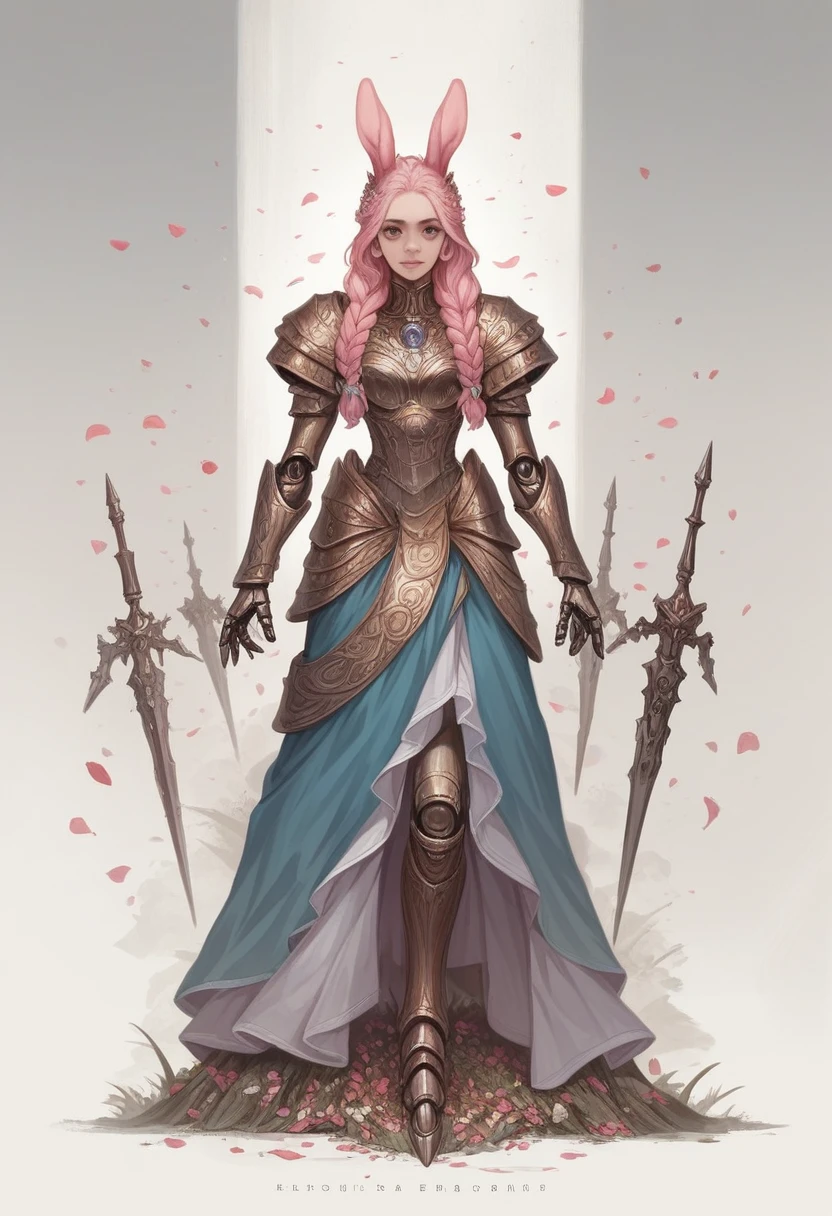 (Detailed illustration,Very detailed and meticulous drawing,Delicate lines，Slow and fast,Realistic texture expression),[Colored braid main line],(Fantasy World Battlefield [Burning castle]),(Girl 12 years old (Pink Bunny [Metal surface])) [Weapon Machine],(([petal] Metal dress [Ruffles]) [Floral Pattern] [Transparent pink translucent armor covering the body surface]) [Ribbon]) [Glowing energy tubes at joints],[Using a sledgehammer as a weapon],[[Mobile Weapon Giant Size][Sci-fi machinery]],(Metallic luster),(Exquisite and beautiful decoration [Dense details]),(Accurately drawn face)[Perfect eye details(Every detail of the iris is beautifully painted)[Gemstone eyes]],[Long and beautiful eyelashes],[Carefully drawn hair [Learn more about beautiful, shiny hair]],(Perfect hand details [Beautiful fingers without flaws [Beautiful nails]]),(Perfect anatomical structure(Perfect proportion))[[Full body portrait]],[Ideal color coordination(Accurately simulate the interaction of light and matter)],[Visual art that conveys a sense of narrative].