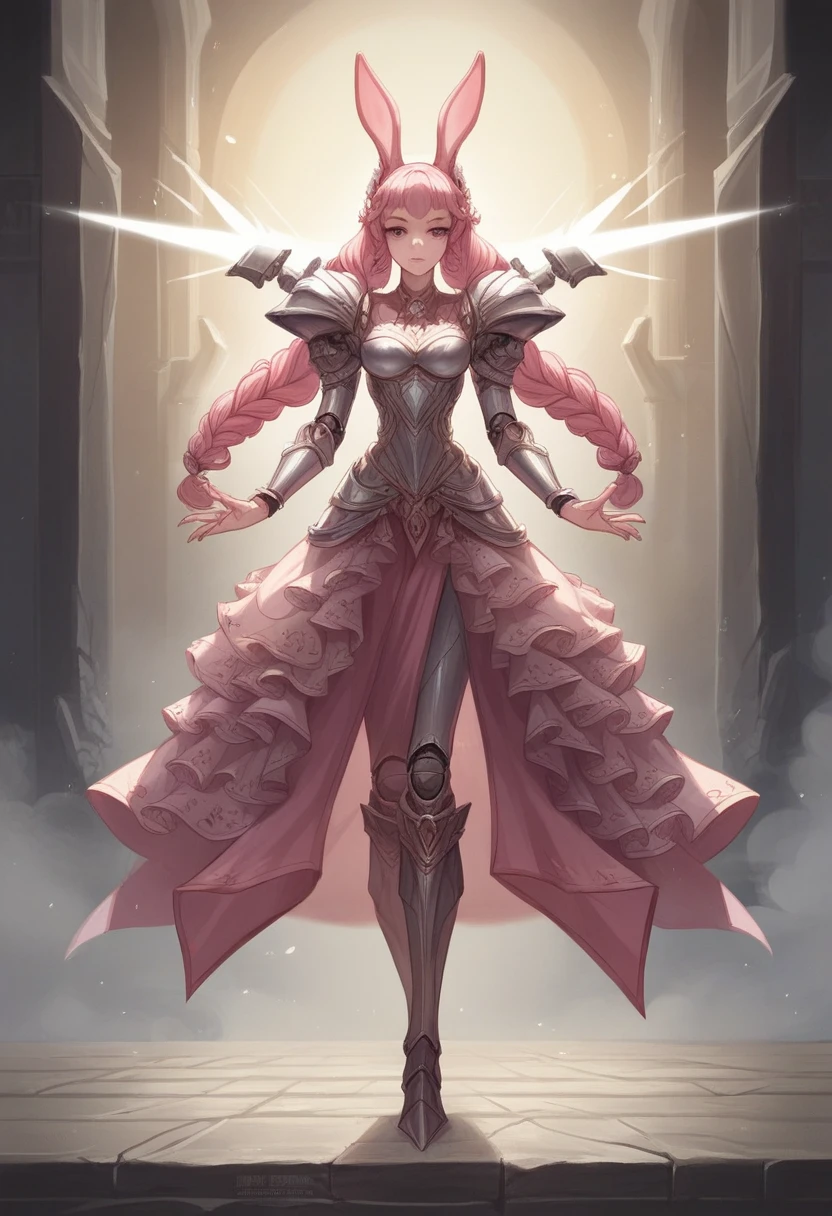 (Detailed illustration,Very detailed and meticulous drawing,Delicate lines，Slow and fast,Realistic texture expression),[Colored braid main line],(Fantasy World Battlefield [Burning castle]),(Girl  (Pink Bunny [Metal surface])) [Weapon Machine],(([petal] Metal dress [Ruffles]) [Floral Pattern] [Transparent pink translucent armor covering the body surface]) [Ribbon]) [Glowing energy tubes at joints],[Using a sledgehammer as a weapon],[[Mobile Weapon Giant Size][Sci-fi machinery]],(Metallic luster),(Exquisite and beautiful decoration [Dense details]),(Accurately drawn face)[Perfect eye details(Every detail of the iris is beautifully painted)[Gemstone eyes]],[Long and beautiful eyelashes],[Carefully drawn hair [Learn more about beautiful, shiny hair]],(Perfect hand details [Beautiful fingers without flaws [Beautiful nails]]),(Perfect anatomical structure(Perfect proportion))[[Full body portrait]],[Ideal color coordination(Accurately simulate the interaction of light and matter)],[Visual art that conveys a sense of narrative].