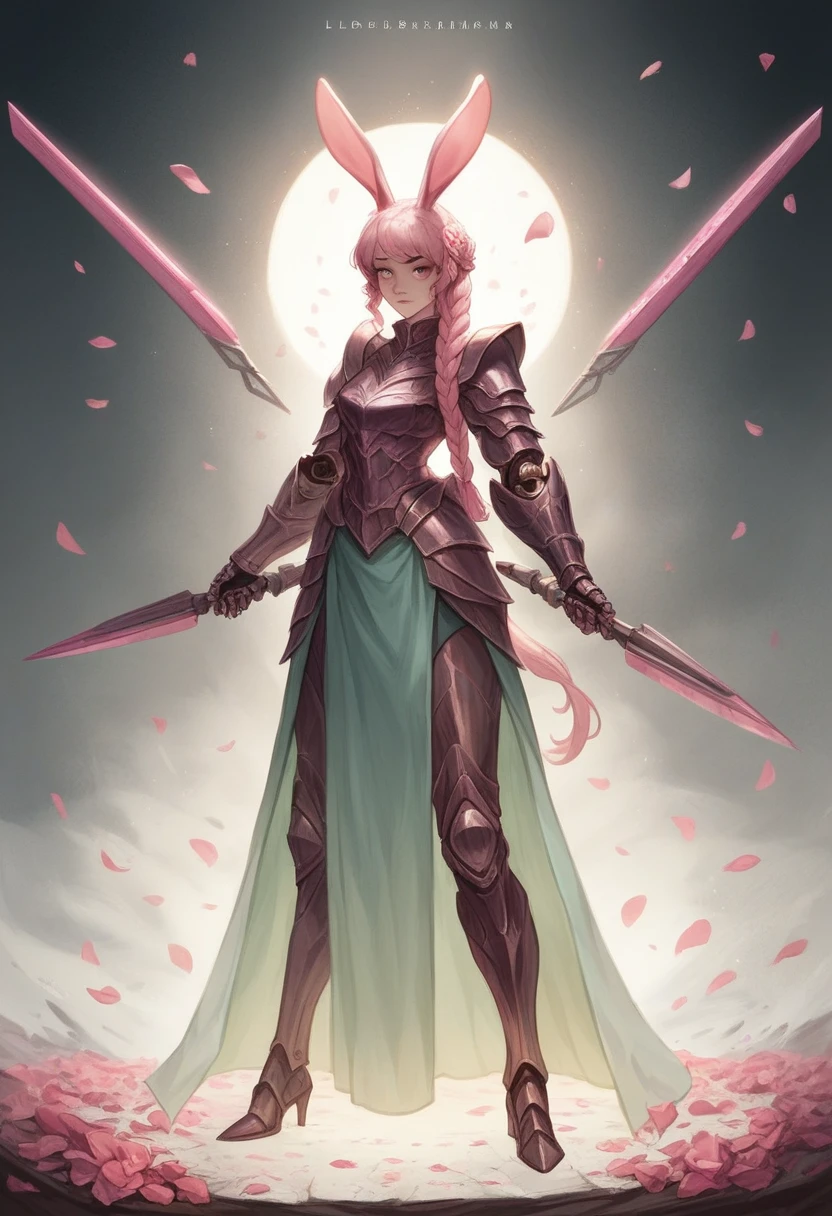 (Detailed illustration,Very detailed and meticulous drawing,Delicate lines，Slow and fast,Realistic texture expression),[Colored braid main line],(Fantasy World Battlefield [Burning castle]),(Girl 12 years old (Pink Bunny [Metal surface])) [Weapon Machine],(([petal] Metal dress [Ruffles]) [Floral Pattern] [Transparent pink translucent armor covering the body surface]) [Ribbon]) [Glowing energy tubes at joints],[Using a sledgehammer as a weapon],[[Mobile Weapon Giant Size][Sci-fi machinery]],(Metallic luster),(Exquisite and beautiful decoration [Dense details]),(Accurately drawn face)[Perfect eye details(Every detail of the iris is beautifully painted)[Gemstone eyes]],[Long and beautiful eyelashes],[Carefully drawn hair [Learn more about beautiful, shiny hair]],(Perfect hand details [Beautiful fingers without flaws [Beautiful nails]]),(Perfect anatomical structure(Perfect proportion))[[Full body portrait]],[Ideal color coordination(Accurately simulate the interaction of light and matter)],[Visual art that conveys a sense of narrative].