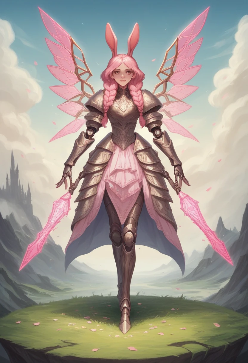 (Detailed illustration,Very detailed and meticulous drawing,Delicate lines，Slow and fast,Realistic texture expression),[Colored braid main line],(Fantasy World Battlefield [Burning castle]),(Girl 12 years old (Pink Bunny [Metal surface])) [Weapon Machine],(([petal] Metal dress [Ruffles]) [Floral Pattern] [Transparent pink translucent armor covering the body surface]) [Ribbon]) [Glowing energy tubes at joints],[Using a sledgehammer as a weapon],[[Mobile Weapon Giant Size][Sci-fi machinery]],(Metallic luster),(Exquisite and beautiful decoration [Dense details]),(Accurately drawn face)[Perfect eye details(Every detail of the iris is beautifully painted)[Gemstone eyes]],[Long and beautiful eyelashes],[Carefully drawn hair [Learn more about beautiful, shiny hair]],(Perfect hand details [Beautiful fingers without flaws [Beautiful nails]]),(Perfect anatomical structure(Perfect proportion))[[Full body portrait]],[Ideal color coordination(Accurately simulate the interaction of light and matter)],[Visual art that conveys a sense of narrative].