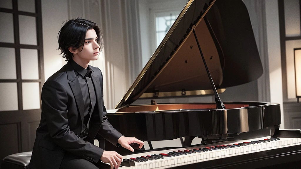 Capture a handsome young man playing a grand piano in a dark, moody setting. He is dressed stylishly, perhaps in a black shirt and jeans, with his hair neatly styled. The lighting is minimal, focusing soft, dramatic beams on the piano and the musician, creating stark contrasts and deep shadows. The rest of the room is enveloped in darkness, adding to the mysterious and intense atmosphere. The expression on his face should reflect deep concentration and emotion, drawing the viewer into the haunting beauty of the scene."