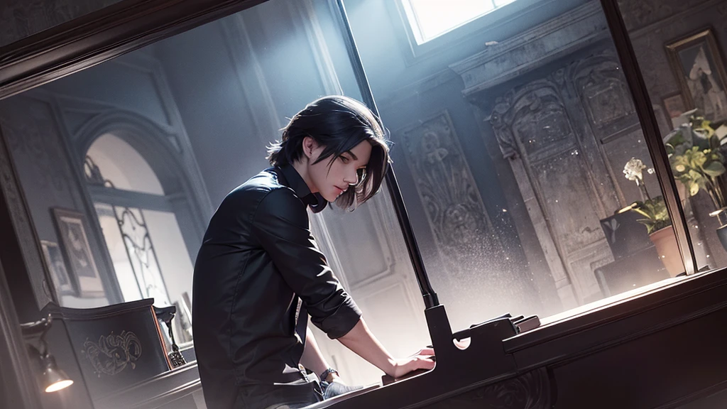 Capture a handsome young man playing a grand piano in a dark, moody setting. He is dressed stylishly, perhaps in a black shirt and jeans, with his hair neatly styled. The lighting is minimal, focusing soft, dramatic beams on the piano and the musician, creating stark contrasts and deep shadows. The rest of the room is enveloped in darkness, adding to the mysterious and intense atmosphere. The expression on his face should reflect deep concentration and emotion, drawing the viewer into the haunting beauty of the scene."