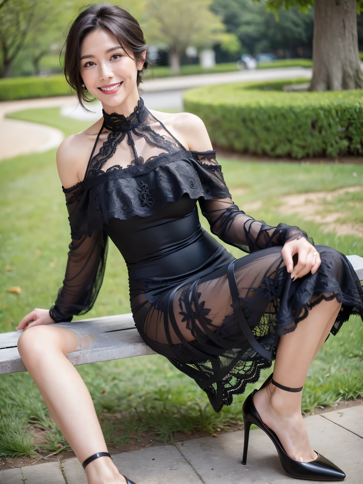 最high quality, 8K, Masseter area, Energetic, Clear focus, high quality, high resolution, Delicate face, Fine particles, thick lips, (Looking at the audience), Solitary, Beautiful woman, 38 years old, Plum, Black short hair,  (Off-shoulder spaghetti strap lace dress:1.5), afternoon、In front of the park garden,（Sitting on a bench：1.5）、((Smile:1.5))、((Wearing black high heels))