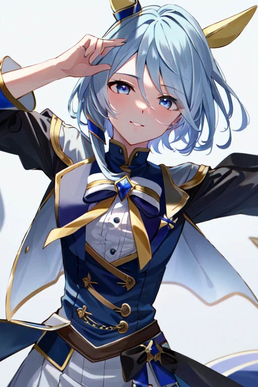 (masterpiece), highly detailed, best quality, (high resolution), 8k, 1girl, k.s.miracle, umamusume, solo, short hair, blue hair, horse ears, horse girl, horse tail, blue eyes, beautiful blue eyes, cinematic angle, looking at viewer, (tareme), smile, closed mouse,