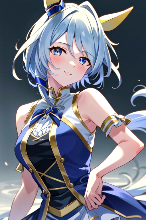 (masterpiece), highly detailed, best quality, (high resolution), 8k, 1girl, k.s.miracle, umamusume, solo, short hair, blue hair, horse ears, horse girl, horse tail, blue eyes, beautiful blue eyes, cinematic angle, looking at viewer, (tareme), smile, closed mouse,
