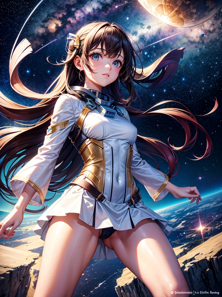 Highest quality,Highest Resolution,A beautiful girl from the future flying in space,Earth in the background,Milky Way,