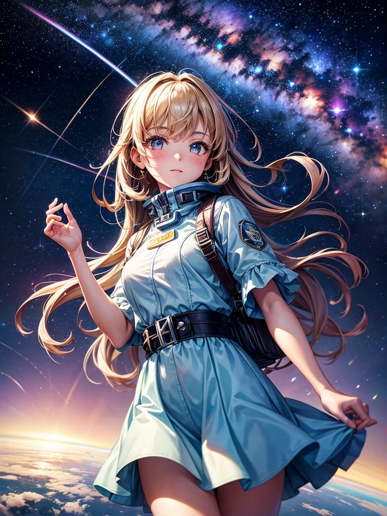 Highest quality,Highest Resolution,A beautiful girl from the future flying in space,Earth in the background,Milky Way,