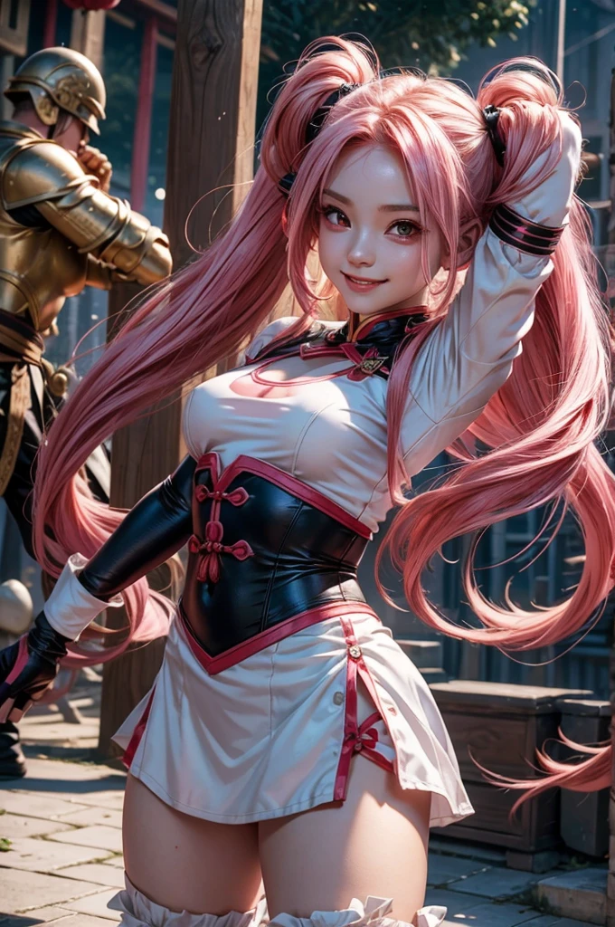 Perfect human body modeling, 1girl, small breasts, beautiful girl, cute girl and idol face, young face, smile, Beautiful long pink hair, twintails, Beautiful shining red eyes, white skin, Short body, RPG, martial artist, Chinese Combat Uniform,