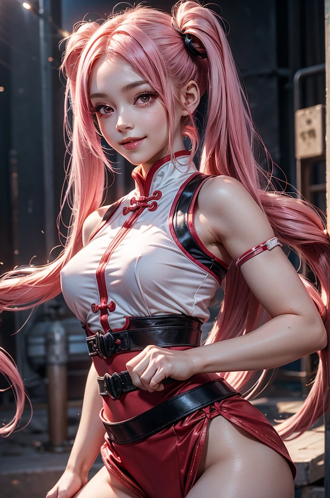 Perfect human body modeling, 1girl, small breasts, beautiful girl, cute girl and idol face, young face, smile, Beautiful long pink hair, twintails, Beautiful shining red eyes, white skin, Short body, RPG, martial artist, Chinese Combat Uniform,