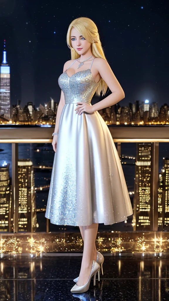 A teenage girl, yellow blonde hair, blue eyes, wearing a glittery evening dress, wearing a luxurious diamond necklace, white high heels, standing at a banquet of a rich family, Manhattan background. at night filled with city lights,3D,18k,full body, ultra fine details.