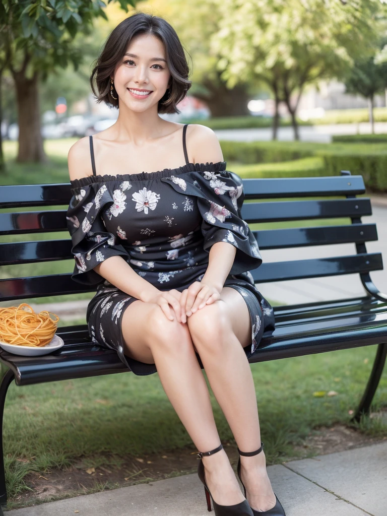 最high quality, 8K, Masseter area, Energetic, Clear focus, high quality, high resolution, Delicate face, Fine particles, thick lips, (Looking at the audience), Solitary, Beautiful woman, 38 years old, Plum, Black short hair, (Off-shoulder spaghetti strap printed dress:1.5), afternoon、In front of the park garden,(Sitting on a bench:1.5)、((Smile:1.5))、((Wearing black high heels))