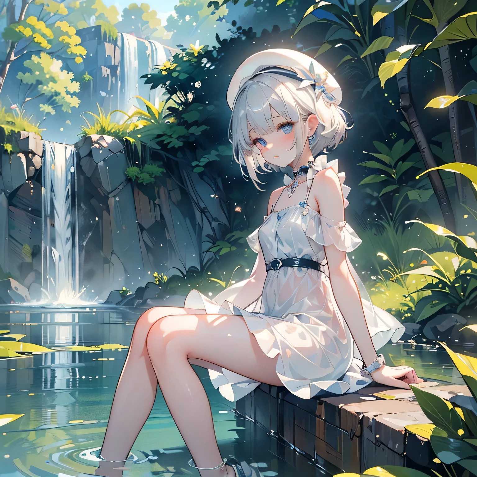 ((masterpiece:1.4, best quality)), ((masterpiece, best quality)),low angle,beautiful pixie cut silver blonde hair,little cute girl,full body, sitting in the water falls,taking a nap, ((elegant summer mini dress)), white beautiful elegant hat,very cute,cute eyes,cinematic lighting and pause,beautiful natural park
