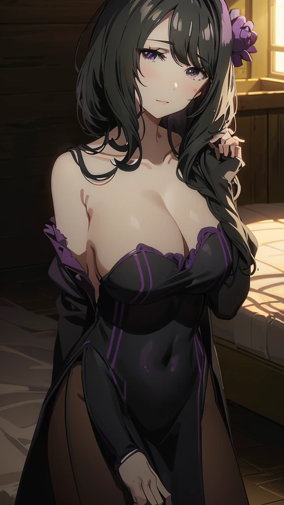 masterpiece, best quality, high resolution, best illustration, super fine illustration, (official art:0.7), (anime screencap:0.8), perfect anatomy, nice hands, 8k portrait, detail focus hand,
1girl,
medium hair,
black hair,
(purple eyes:1.2), (beatiful detailed eyes:1.5),
flower hair ornament,
(large breasts:0.8),
evening dress,
looking at viewer,
cowboy shot,
natural light, background of indoor, lie on the bed,