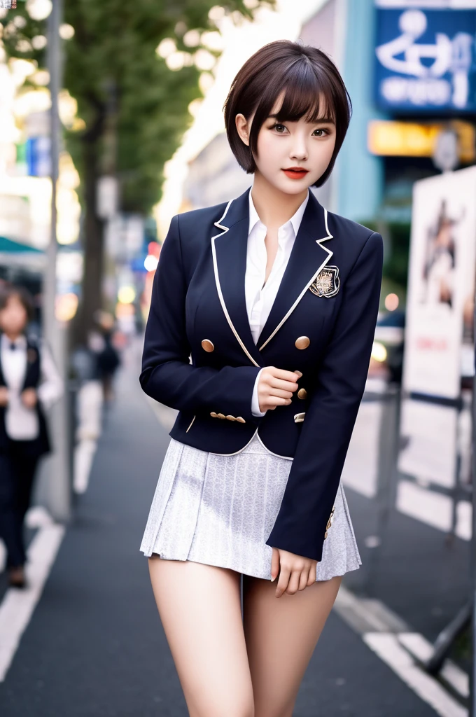 perfect body proportions of a 23 year old female, a face of the most beautiful actress in the world, the short hair cut above the ears for a female, blazer covering formal shirt is tight thanks to large breasts, panties between bare legs are seen just a little thanks to skirt is too short, bare thighs, the formal outfit is covering whole upper body, at the city street, standing, nsfw, best quality, highly detailed, masterpiece, ultra high res, photo realistic, 8k