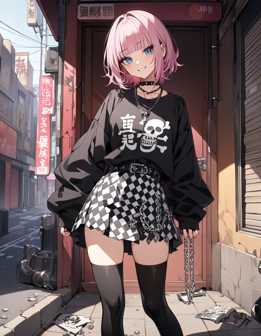 masterpiece, best quality, ultra-detailed, 1girl, pink hair, short hair, ((blunt bangs)), flipped hair, (jitome), blue eyes, Medium chest、slim、Cowboy Shot、smile 、Street Corner、BREAK, (visual-kei, v-Kei:1.0), (black (oversized baggy:1.2) long sleeve t-shirt:1.2) with a (tattered elongated long sleeve), (tucked out:1.4), (skulls and Kanji characters printed on t-shirt), BREAK, (black knee-high:1.5), ( baggy boots), (black checkered mini skirt:1.5), (many silver accessories, necklaces:1.2),