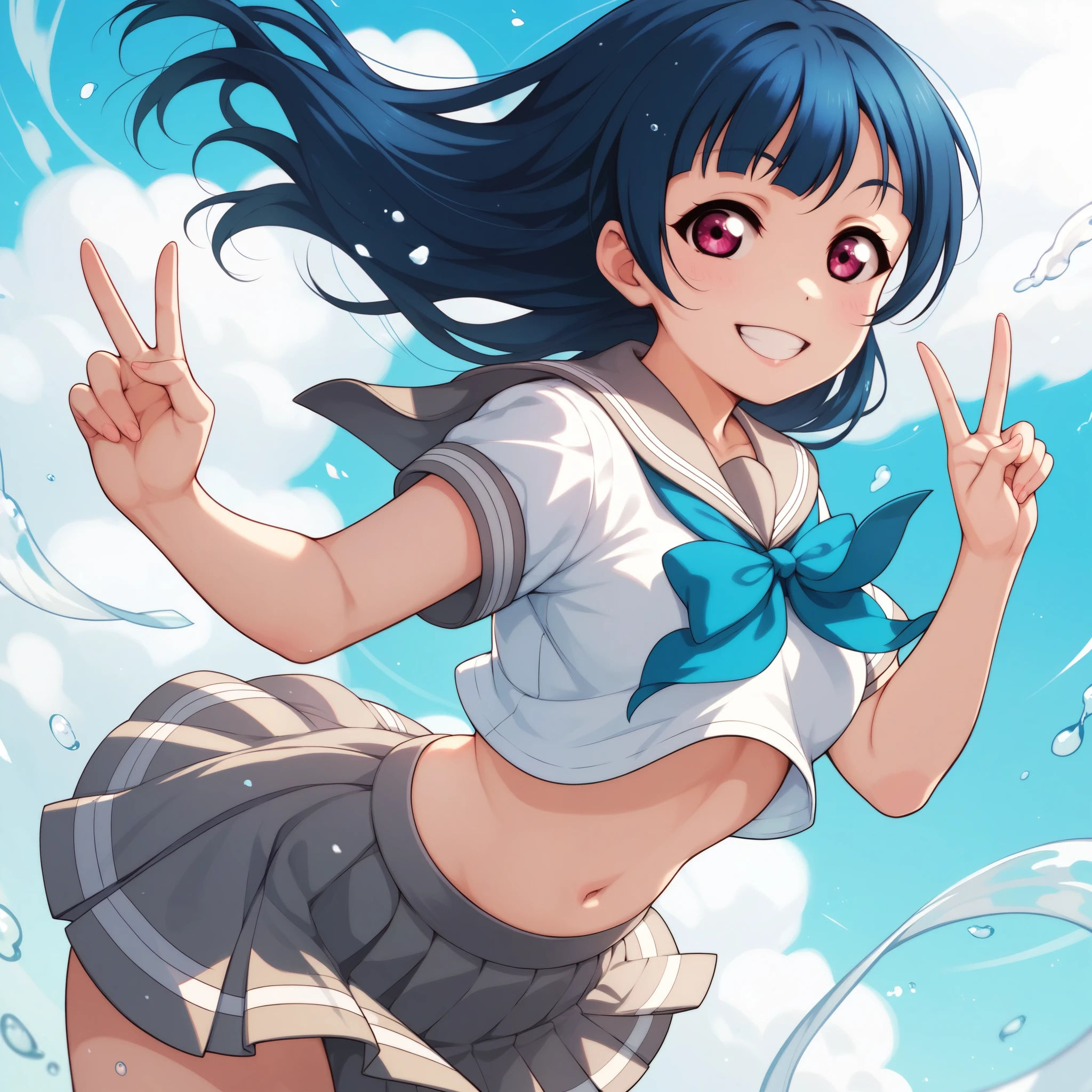 Yoshiko Tsushima love live,serafuku, gray mini skirt, slightly from behind,v,wind  navel, breasts, smile 